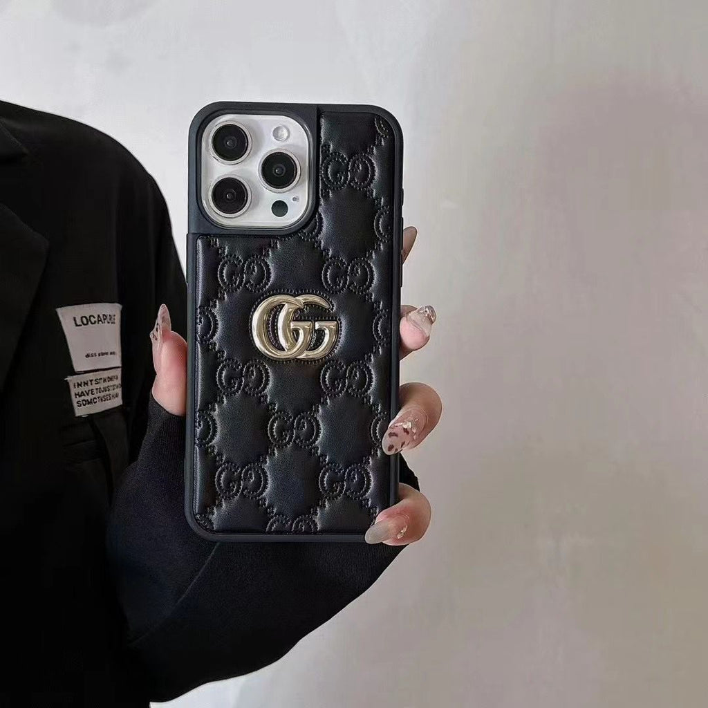 Stamped Gg Leather Iphone Case For 13-17 / Pro / Pro Max