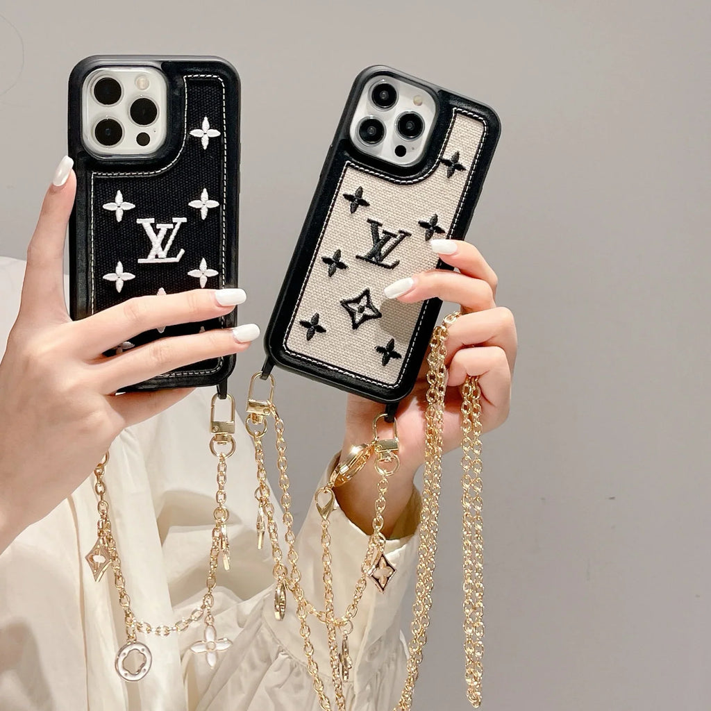 Fabric Leather Crossbody Chain Iphone Case With Ornament Charm