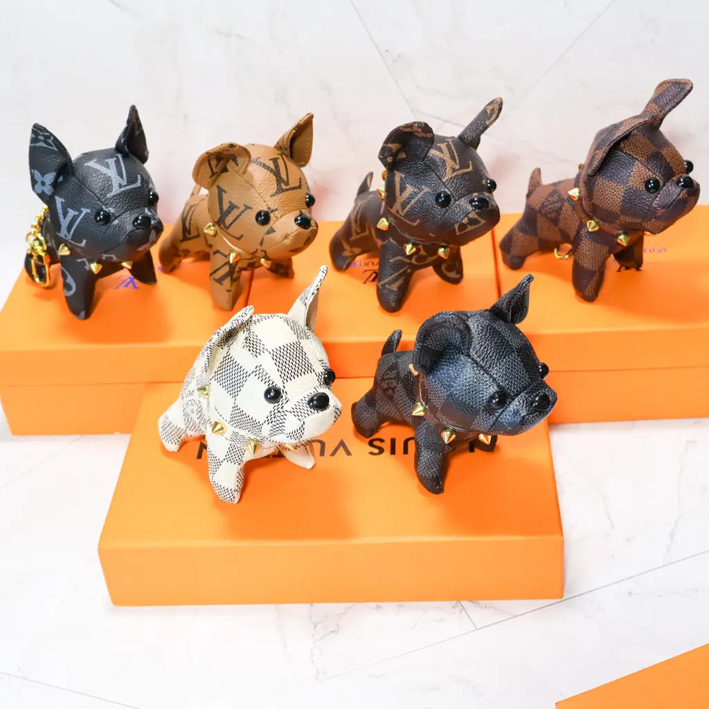 French bulldog keychains in six monogram and checkered styles