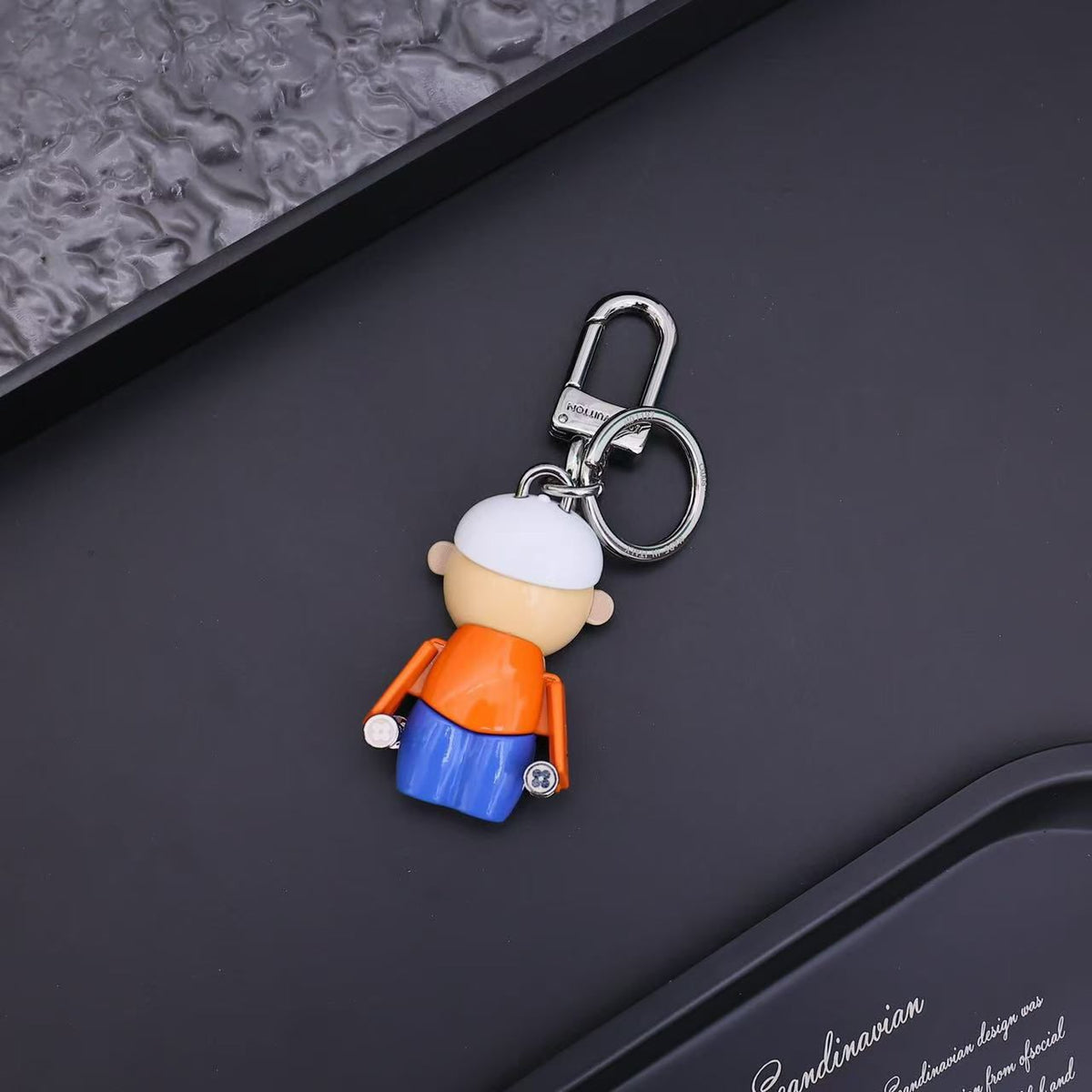 Rear view of character keychain with white cap