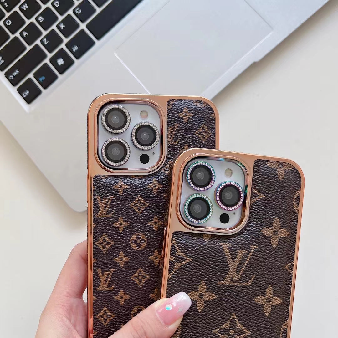 Louis Vuitton Iphone Case Luxury Classic Leather Rhinestone Camera Lens Protector