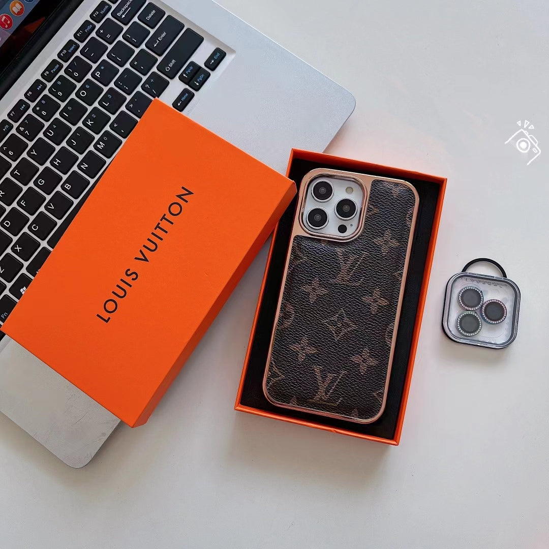 Louis Vuitton Iphone Case Luxury Classic Leather Rhinestone Camera Lens Protector
