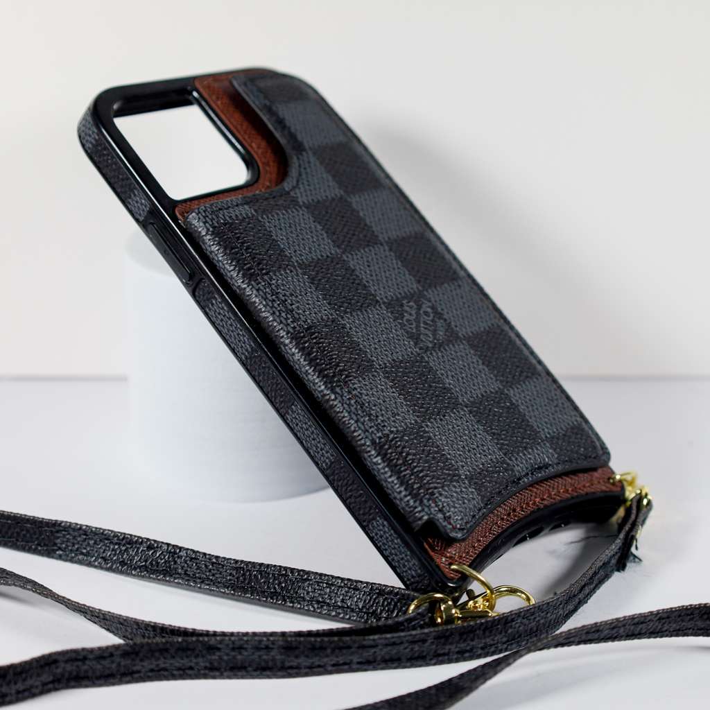 Luxury Iphone Wallet Case Black Checkered Leather For Iphone 11 12 13 14 Pro Max