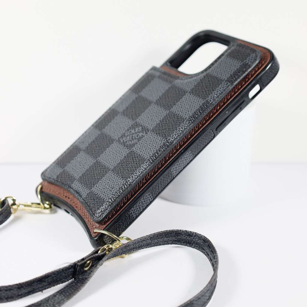 Luxury Iphone Wallet Case Black Checkered Leather For Iphone 11 12 13 14 Pro Max