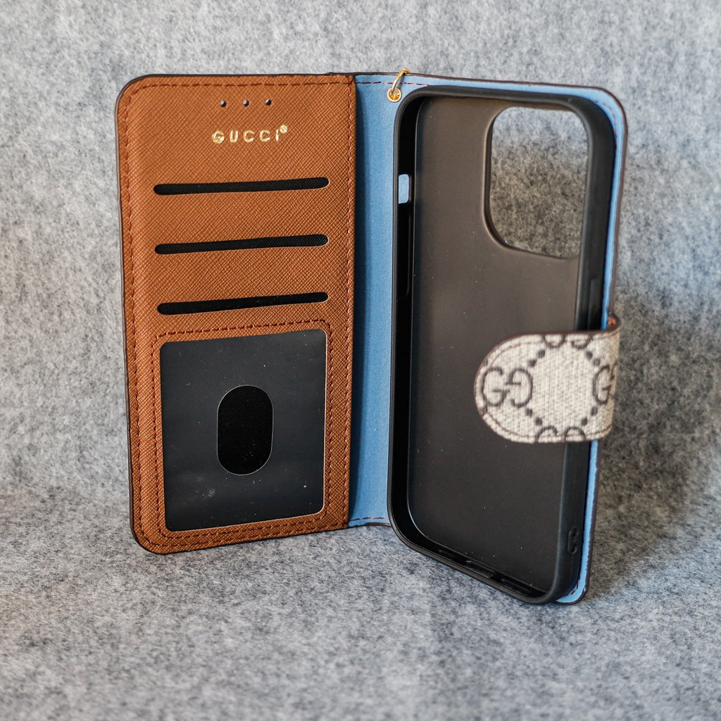 Gg Phone Wallet Case For Iphone 11 12 13 14 15 16 Pro Max Plus / Brown Edges