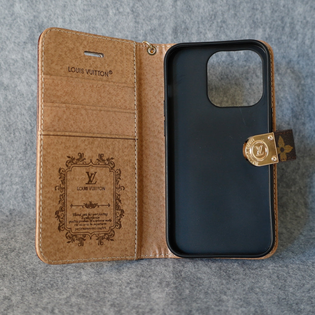 Lv Iphone Folio Wallet Case For 11 12 13 14 15 16 Pro Max Plus / Brown Monogram