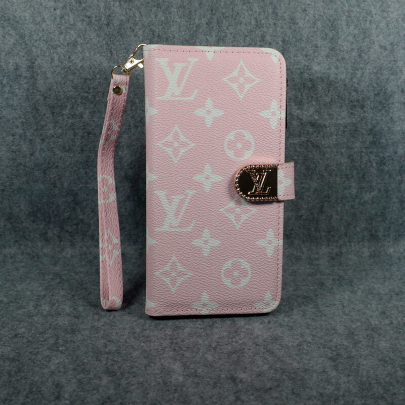 Luxury Lv Wallet Iphone Case Zip Kickstand Function For Iphone 12 13 14 15 16 Pro Max Plus (Pink)