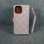 Luxury Lv Wallet Iphone Case Zip Kickstand Function For Iphone 12 13 14 15 16 Pro Max Plus (Pink)