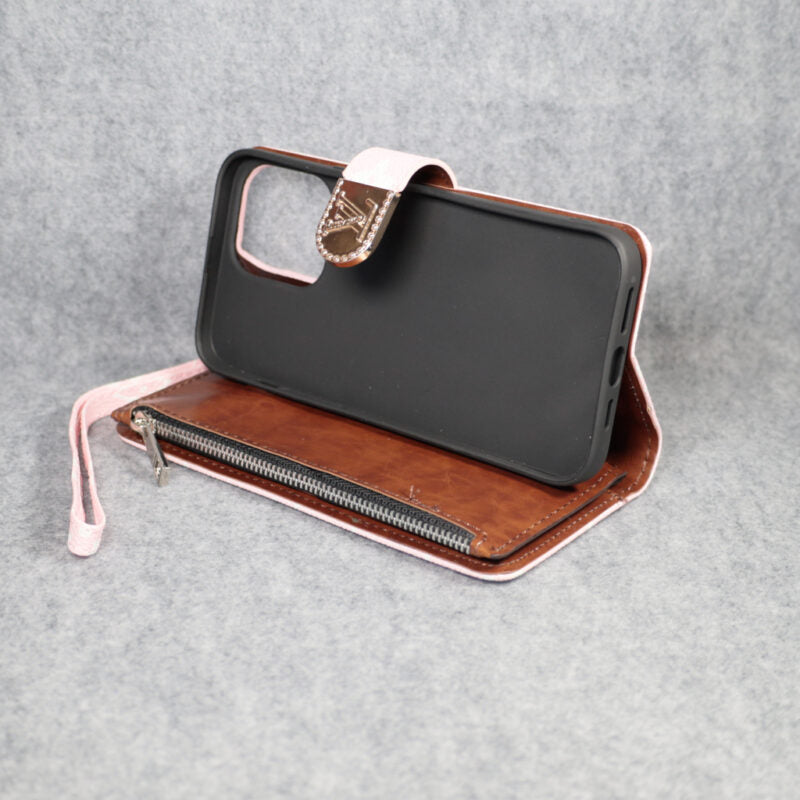 Luxury Lv Wallet Iphone Case Zip Kickstand Function For Iphone 12 13 14 15 16 Pro Max Plus (Pink)