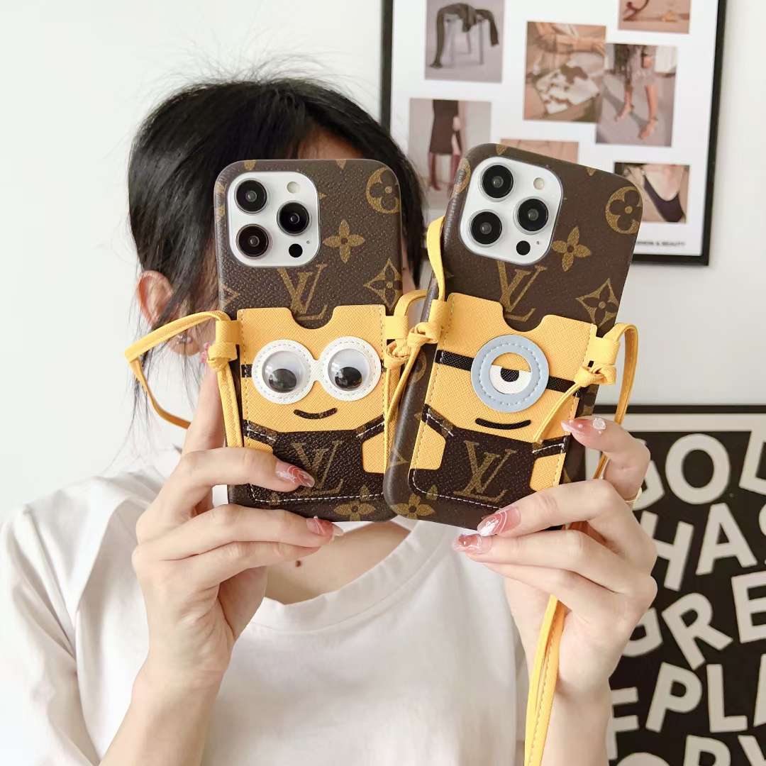Lv Iphone Case Minions Crossbody For Iphone 11 12 13 14 Pro Max Plus / Brown