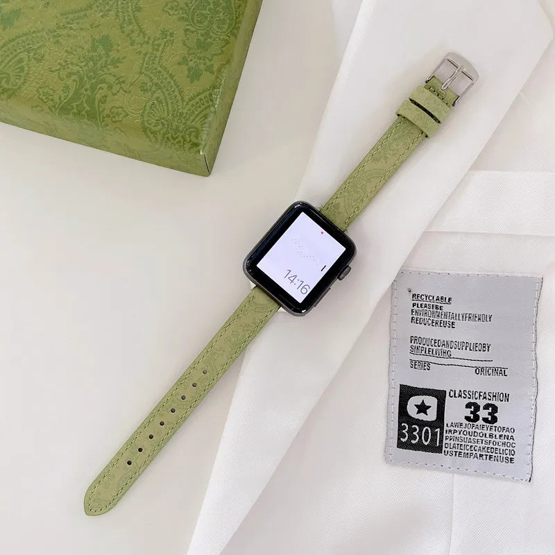 Designer Gucci Leather Watch Band For Apple Watches / Thin Green