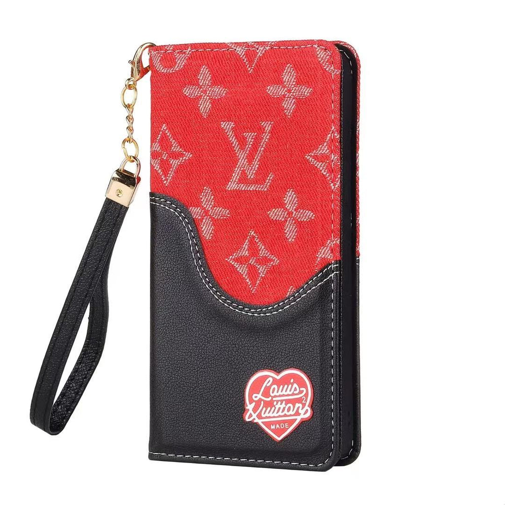 Red Denim Leather Wallet Flip Case Kickstand Function Iphone X 11 12 13 14 15 16 Pro Max Plus