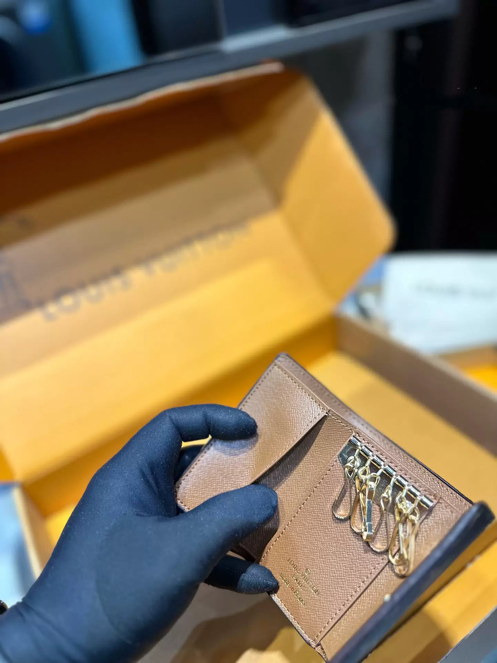 Close-up of six metal hooks inside brown key holder