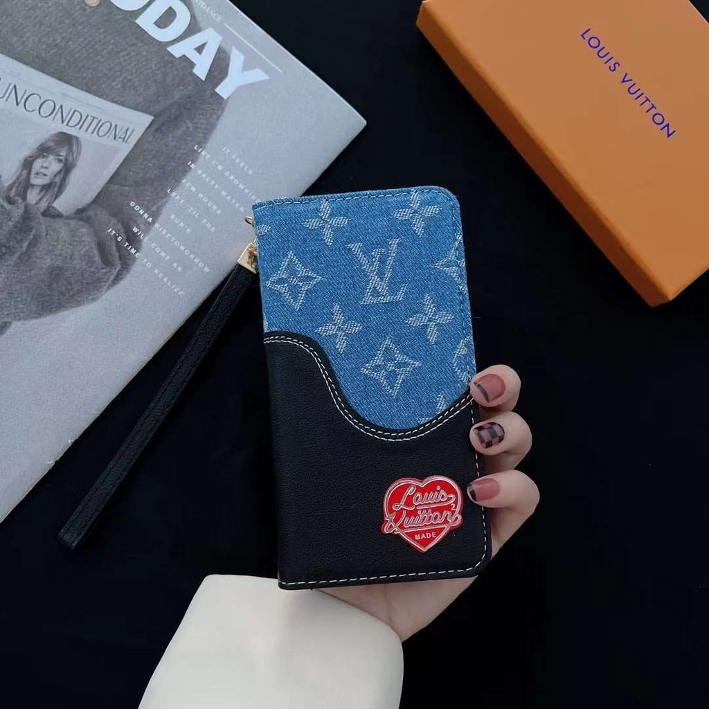 Blue Denim Leather Wallet Case Kickstand Function Iphone X 11 12 13 14 15 16 Pro Max Plus