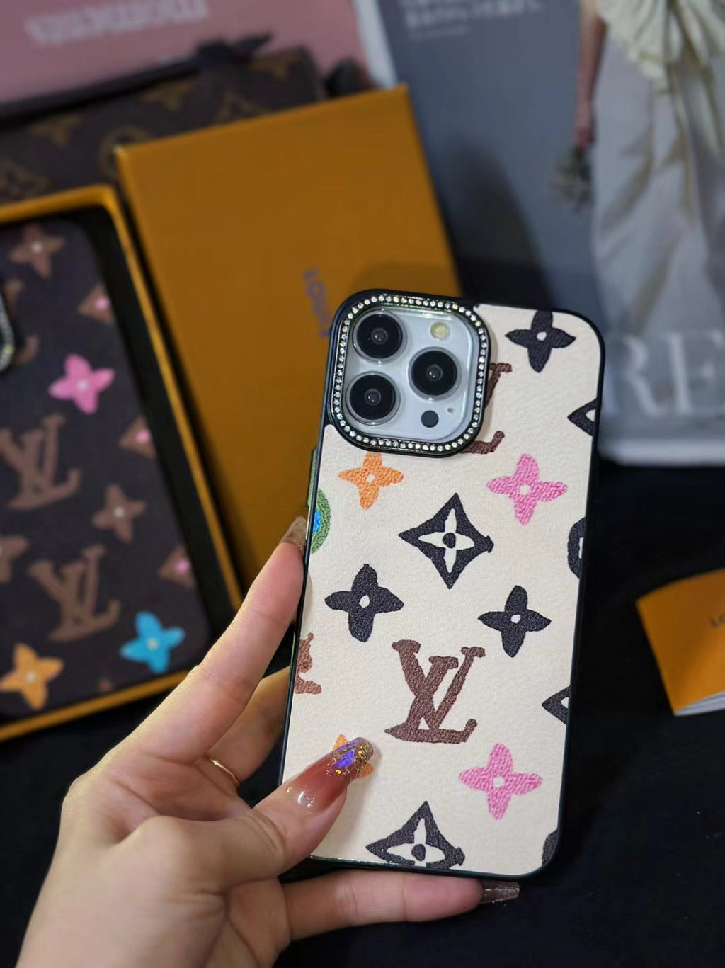Lv Monogram Rhinestone Iphone Case 12 13 14 15 16 Pro Max